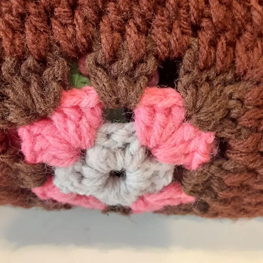 Vintage Handmade Flower Block Afghan on Chocolate READ
